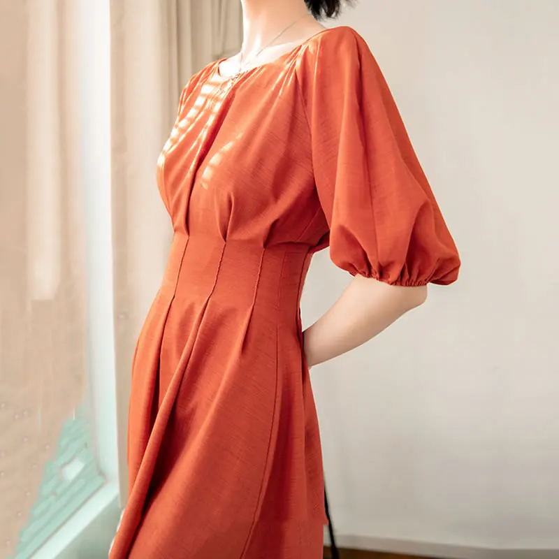 

XITAO New Pleated Women Dress Solid Color Simplicity V-neck Collar Puff Sleeve French Vintage All-match 2021 Summer Slim WLD6235