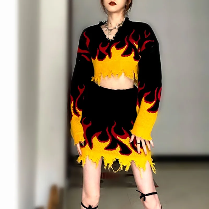 

Женские пикантные трикотажные юбки с эффектом пламени, костюмы для молодых девушек, короткие свитера с кисточками, Короткие топы и облегающ...