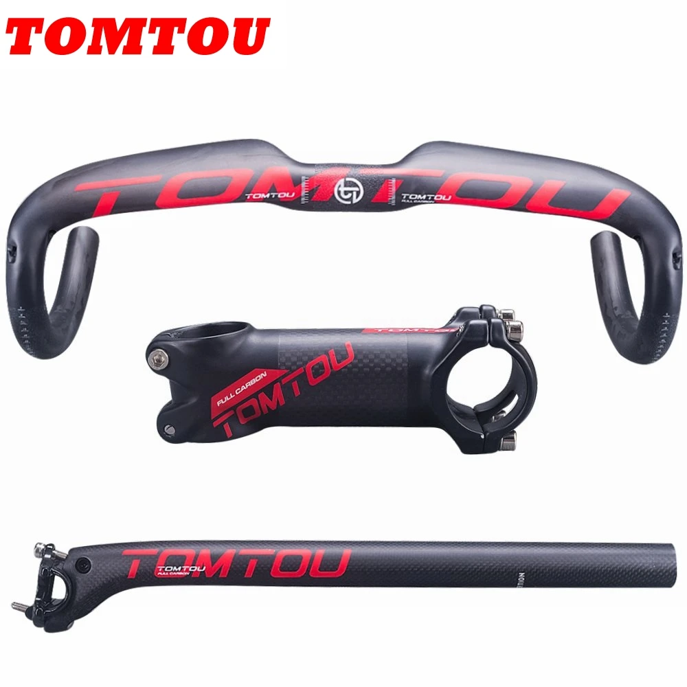 

TOMTOU Matte Red Carbon Fiber Bicycle Bent Bar Parts Road BIke Handlebar + Stem + SeatPost (20mm setback) - TH9T13