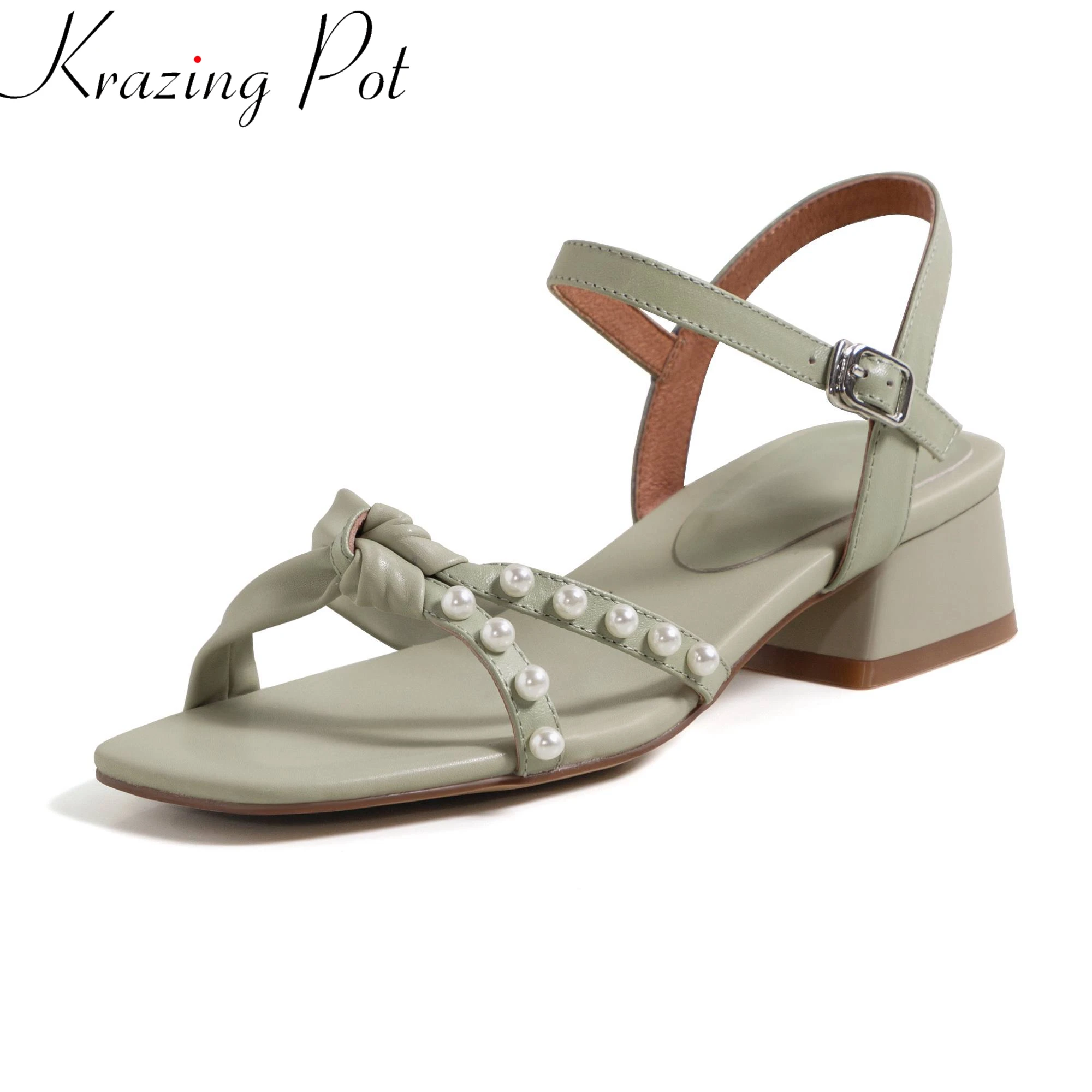 

Krazing Pot genuine leather pearl-studded square med heels peep toe butterfly-knot career women sexy fairy dating sandals l70