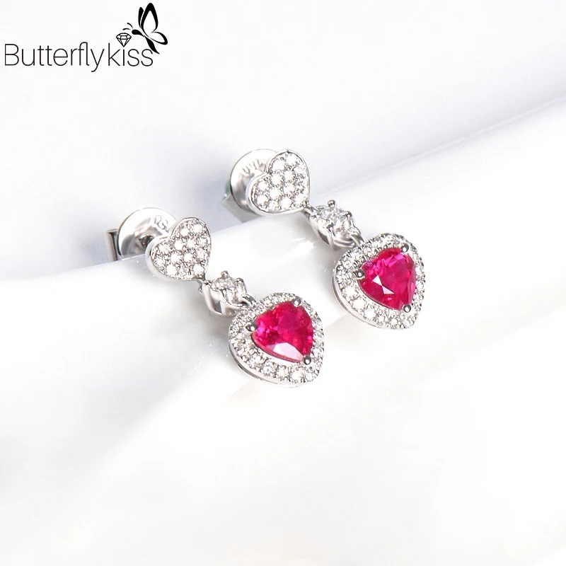 

BK 18k White Gold Ruby Drop Earrings For Women Heart Shaped Gemstone Diamond 15*6mm Anniversary Engagement Wedding Fine Jewelry