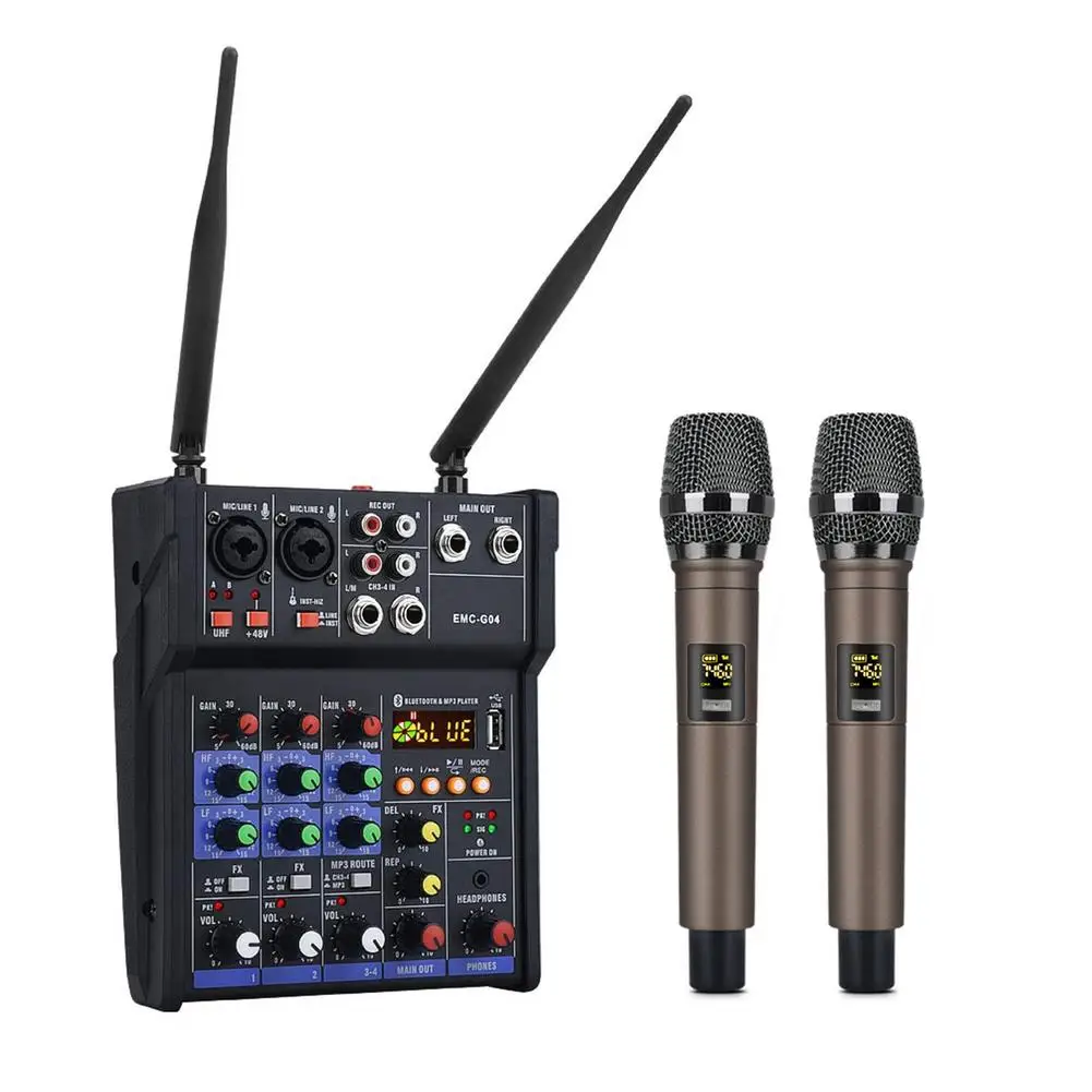 

Stereo Audio Mixer Build-in UHF Wireless Mics 4 Channels Mixing Console With Bluetooth USB Effect For DJ Karaoke PC Guitar