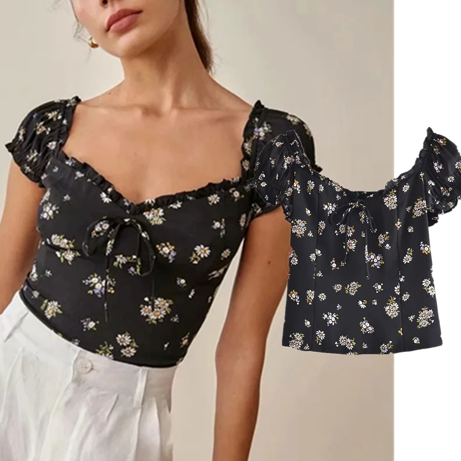 

Withered Summer Blouse Women Ins Indie Folk Vintage Daisy Printing Ruffers Sexy Short Blusas Mujer De Moda 2021 Shirt Women Tops