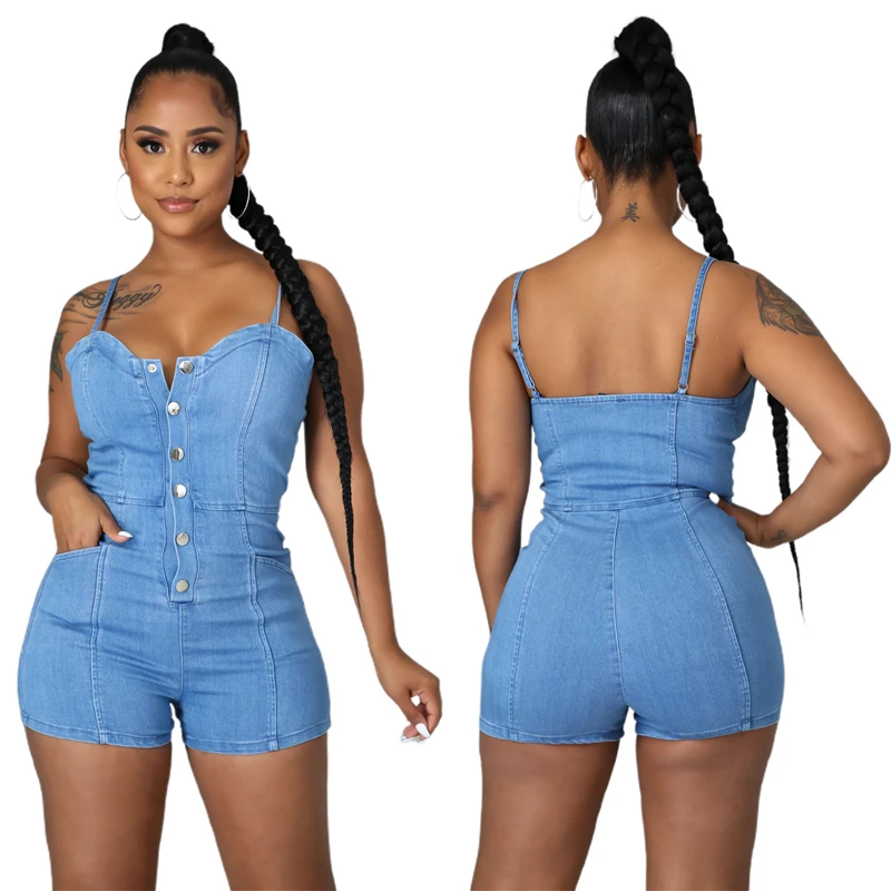 Sexy Spaghetti Strap Jeans Jumpsuit Denim Playsuit Women 2021 Buttons Plus Size Elegance Cotton Jeans Woman Ladies Short Rompers