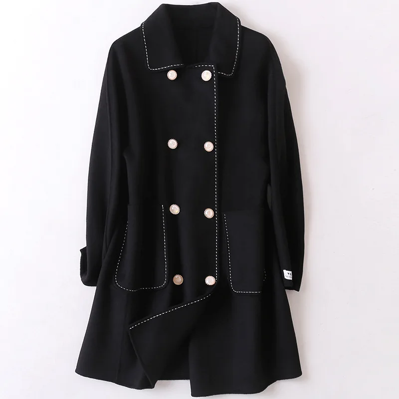 

100% Wool Double-sided Cashmere Coats Jackets Women's Pure Wool Turn Down Collar Double-breasted Overcoat Spring Autumn