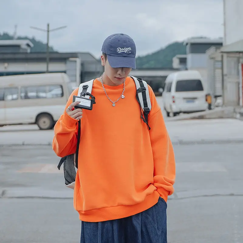 

Autumn Plus Fleece Hoodie Men's Fashion Solid Color Casual O-neck Sweatshirt Men Streetwear Korean Loose Pullover Hoodies Mens