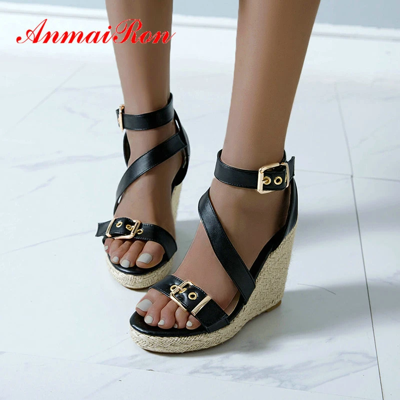 

ANMAIRON Platform Sandals Wedges Heel Fisherman Casual PU Buckle Strap Solid Fashion Strap Buckl High Heels Sandals Women 34-43