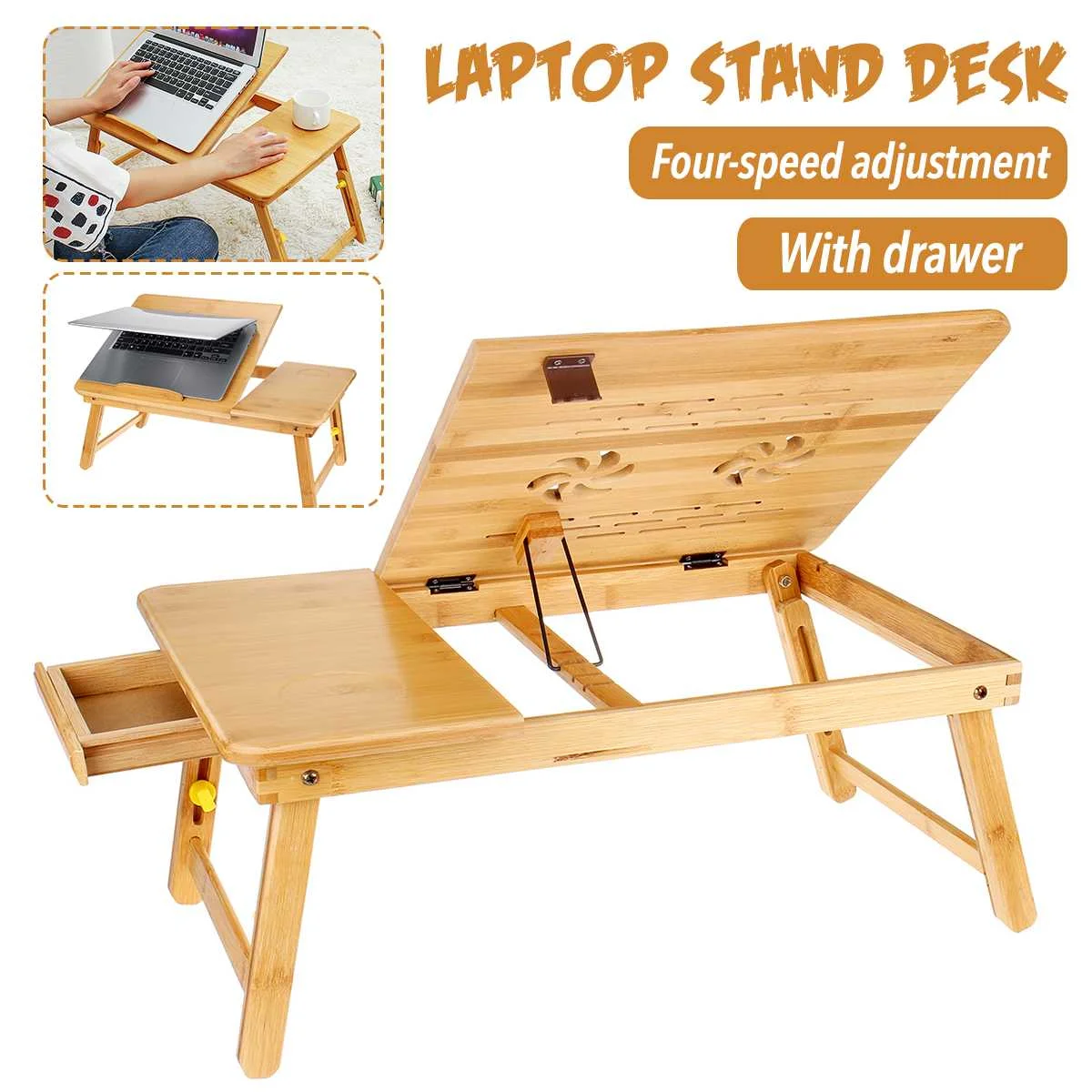 

Bamboo Folding Laptop Table With Drawer Portable Cooling Laptop Stand Desk Adjustable Bed Table PC Computer Desk Notebook Table
