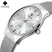 wwoor silver men watches with mesh steel top brand luxury ultra thin quartz waterproof date business wristwatch box montre homme