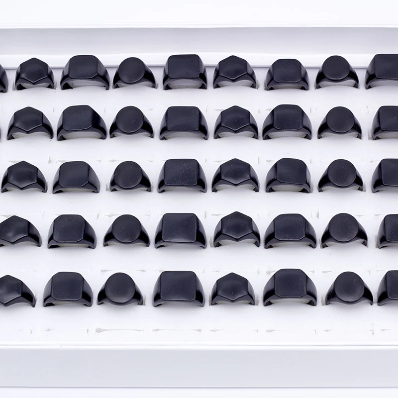 Men's Fashion 50pcs/lots Black Smooth Geometry Metal Ring For Women Jewelry Size 17mm to 21mm Mix Style