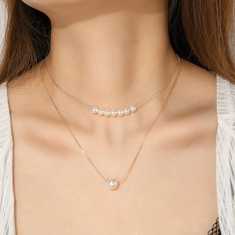 

New Design Fashion Natural Simple Knotted Chain Size Pearl Pendant Double Alloy Ladies Necklace Wedding Party Couple Jewelry