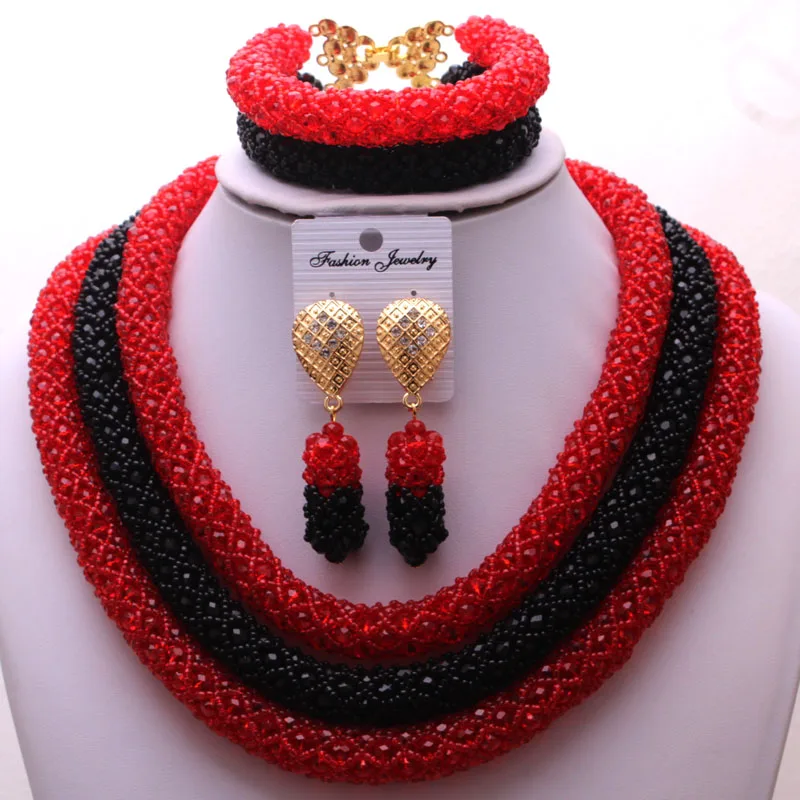 4UJewelry African Beads Jewelry Set for Women Necklace 3 Layers Red And Black Nigeria Jewelry Set For Wedding Party 3Pcs