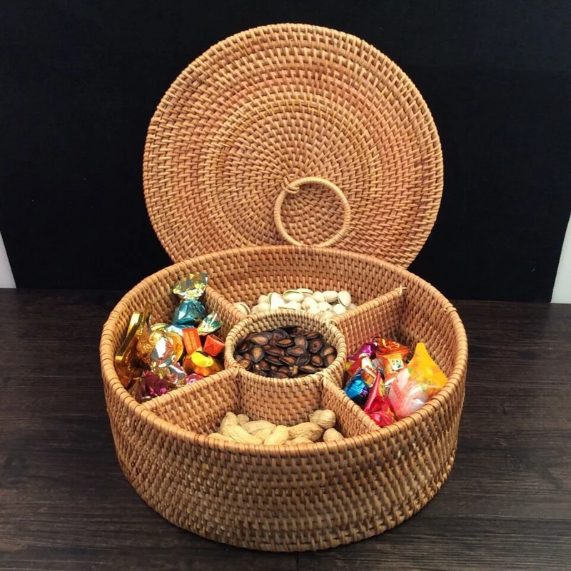 

Fruit Box Basket Rattan Storage Tissue Key Package New Year Paper Sundries Hand Made Round Rectangle Cover Dried Fruit(Color B)