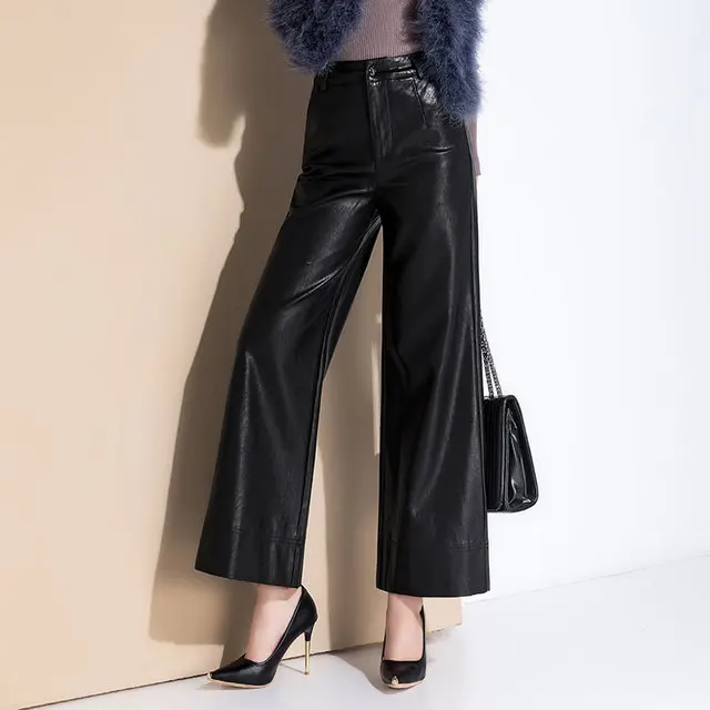 Winter fashion women's thick genuine leather pants high waist casual Sheep skin trousers female velvet black wide leg pants F521