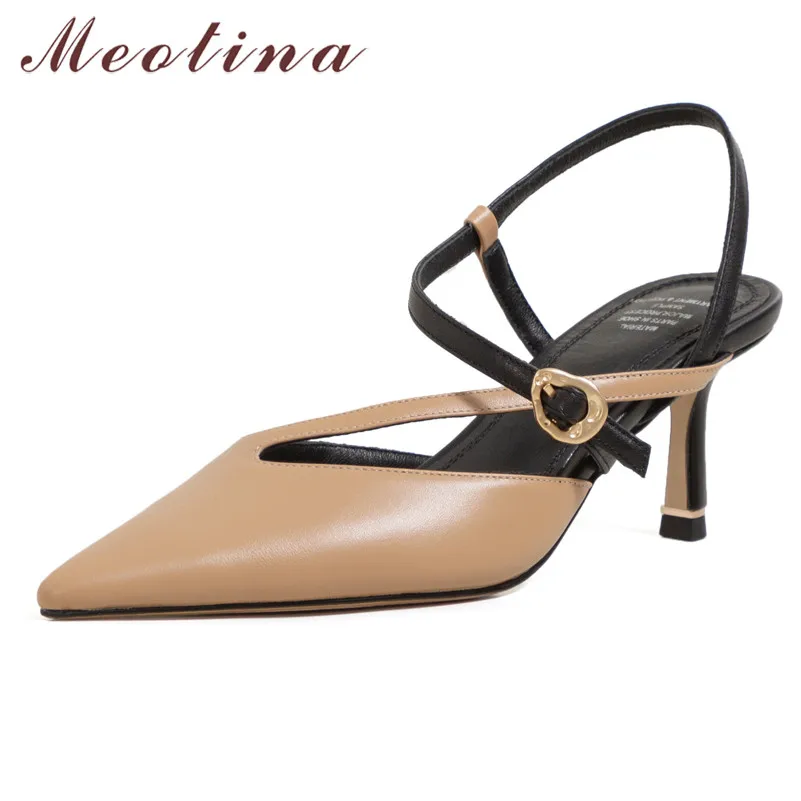 

Meotina Cow Leather Women Sandals High Heel Real Leather Shoes Pointed Toe Buckle Fashion Shoes Thin Heels Party Footwear 40 41