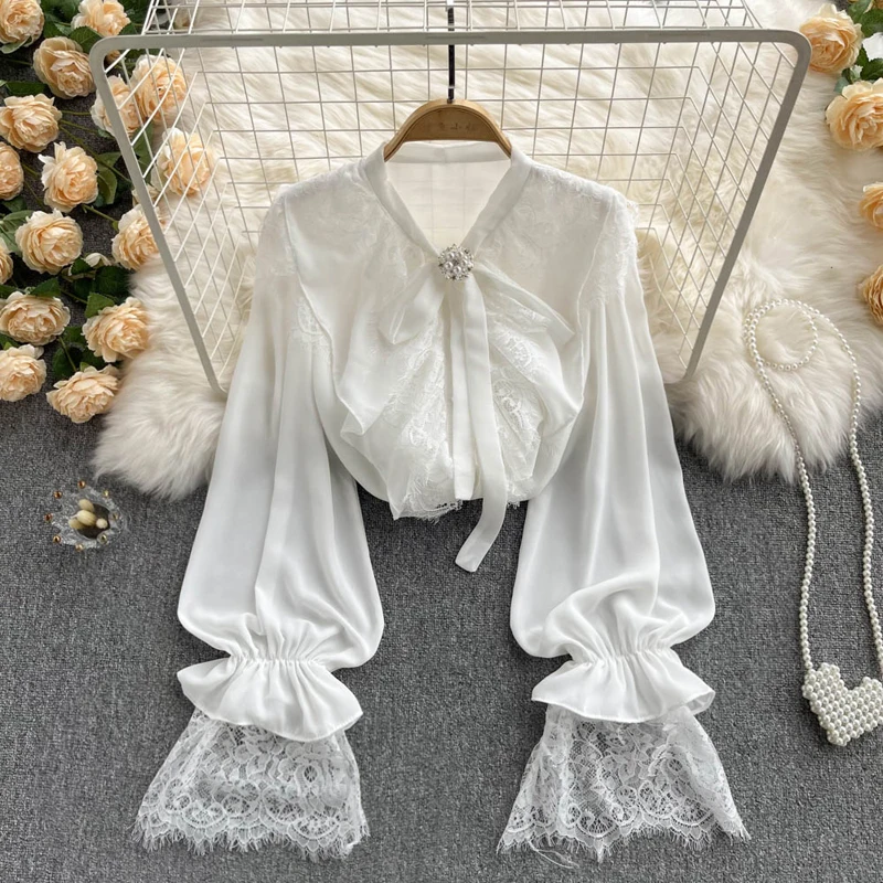 

Women Elegant White Ruffle Blouse Shirts Lace Bow Pearl Beading Blouses Femme 2022 Spring Summer New Petal Sleeve Casual Tops