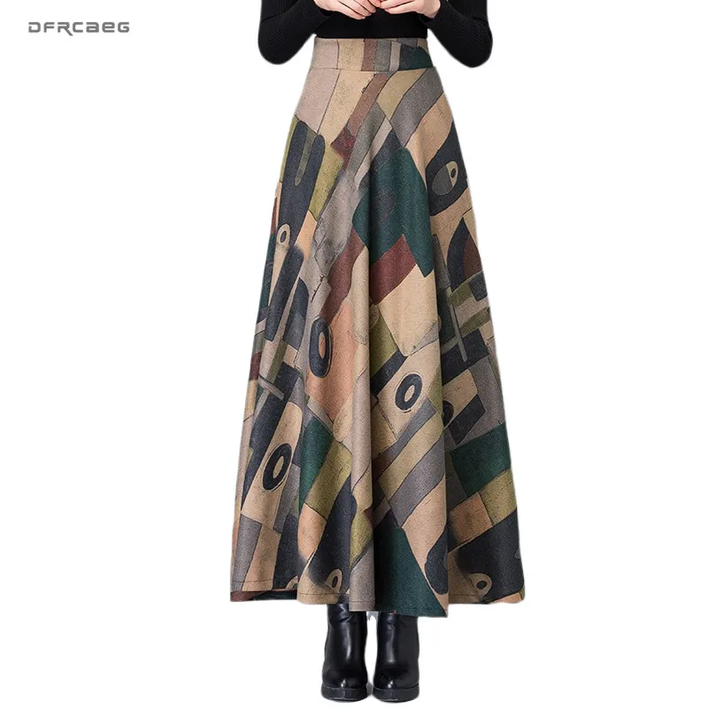 Женская шерстяная длинная юбка с винтажным принтом Повседневная элегантная