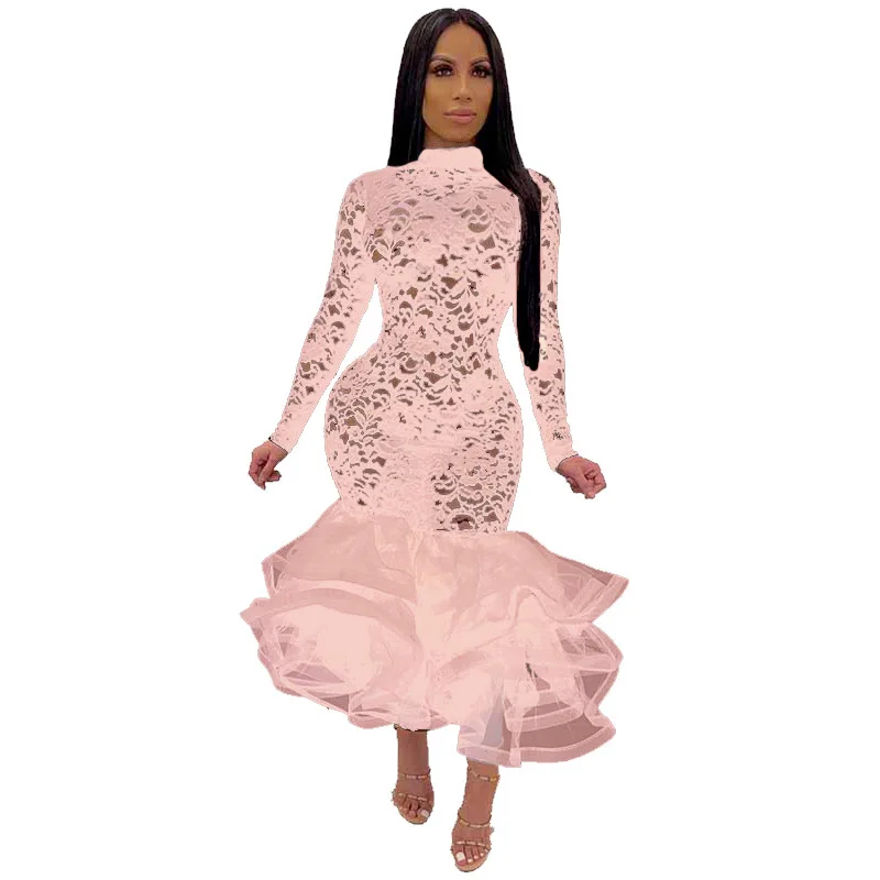 Женское кружевное платье с длинным рукавом Exy Черное длинное Русалка оборками и