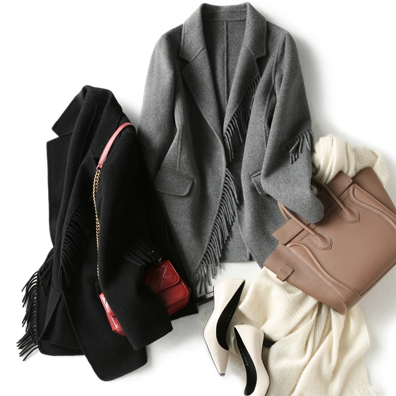 100% шерстяное пальто женская одежда весна 2020 куртка с бахромой корейская мода