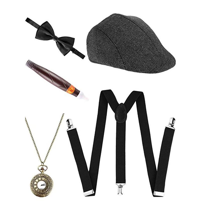 

20s Great Gatsby Headpiece 1920s Men's Gatsby Gangster Costume Accessories Set 30s Manhattan Gangster Beret Y-Back Suspender yk2