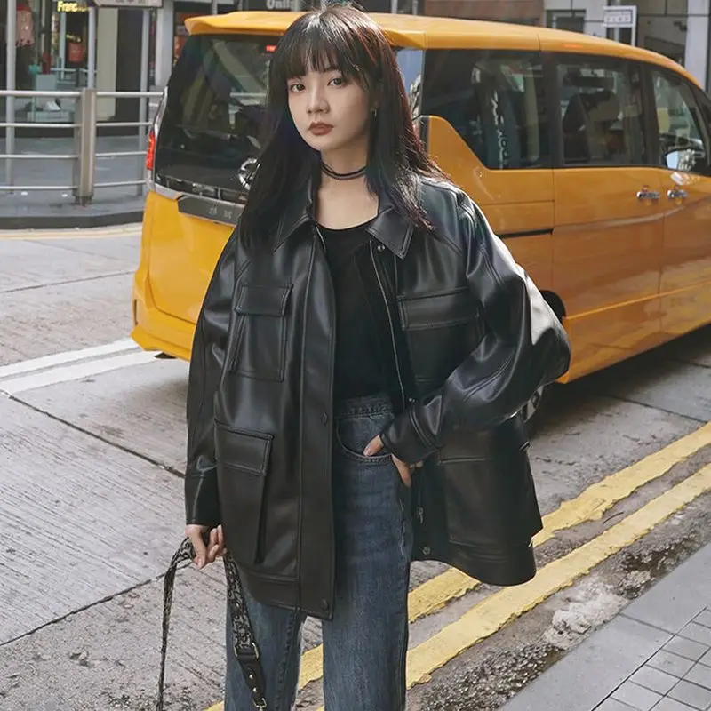 

Women leather Jackets spring autumn 2021 New motorcycle jacket Preppy Style Vintage Loose student trend Casual Woman clothes