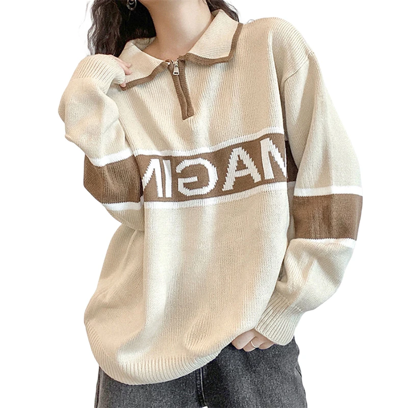 

Hirigin Women Casual Clothes Loose Style Sweater Khaki Letters Printed Pattern Turn-down Collar Knitwear Streetwear, S/ M/ L