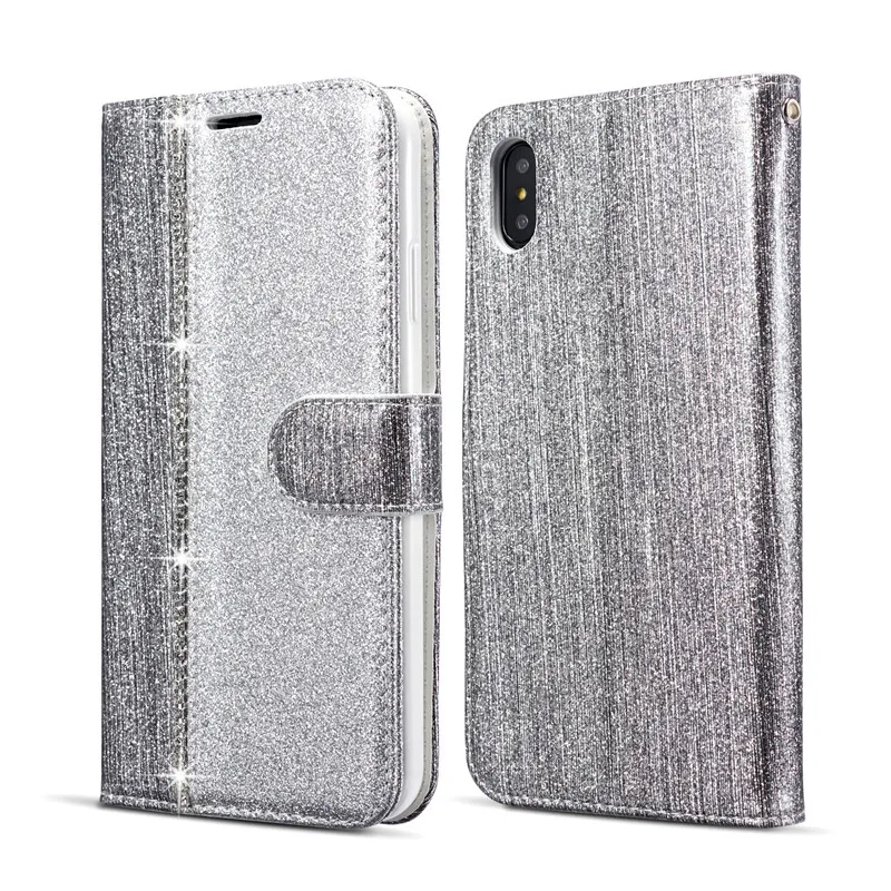 Серебристый Блестящий Алмазный флип-чехол для iPhone 7 Plus 6 6S 8 11 Pro XS Max XR 8Plus 7 Plus iPhone11 кожаный бумажник-книжка блестящий чехол - Цвет: Серебристый