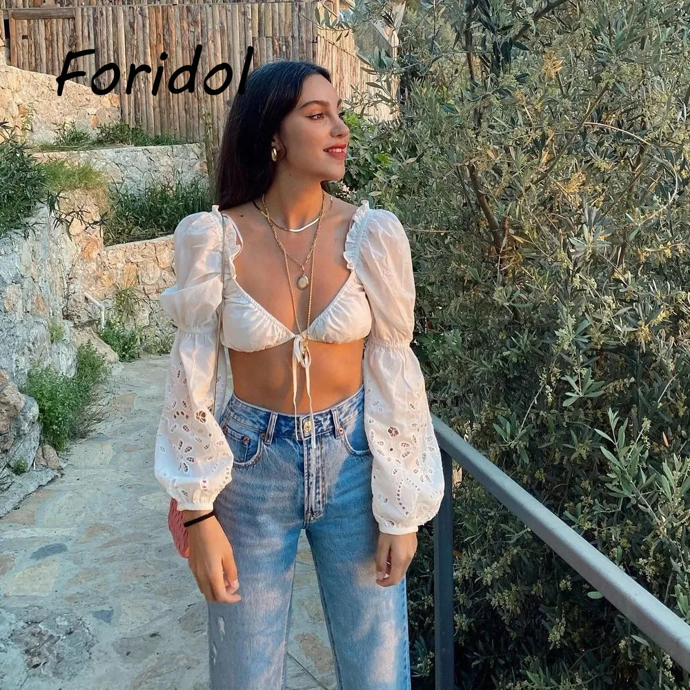 

Elegant White Sexy Puff Sleeve Hollow Out Blouse Croset Top Embroidery Casual Fashion Streetwear Cropped Top Spring Autumn