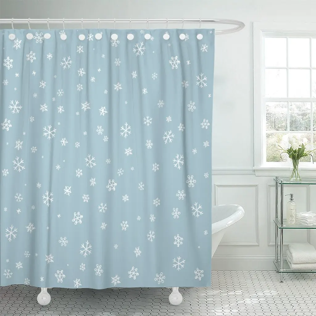 Silver Holiday Snowflake on Winter Gray Sky Christmas Pattern Design for Blue Merry Bathroom Curtain Waterproof Polyester Fabric | Дом и сад