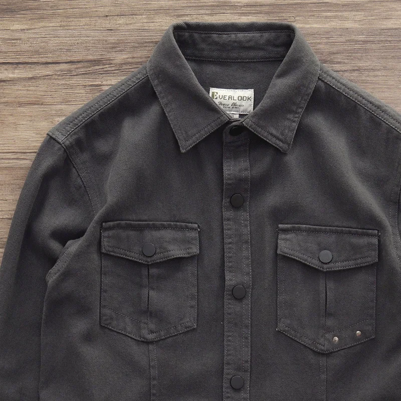 Мужская винтажная рубашка весенне-осенняя джинсовая приталенная с длинным