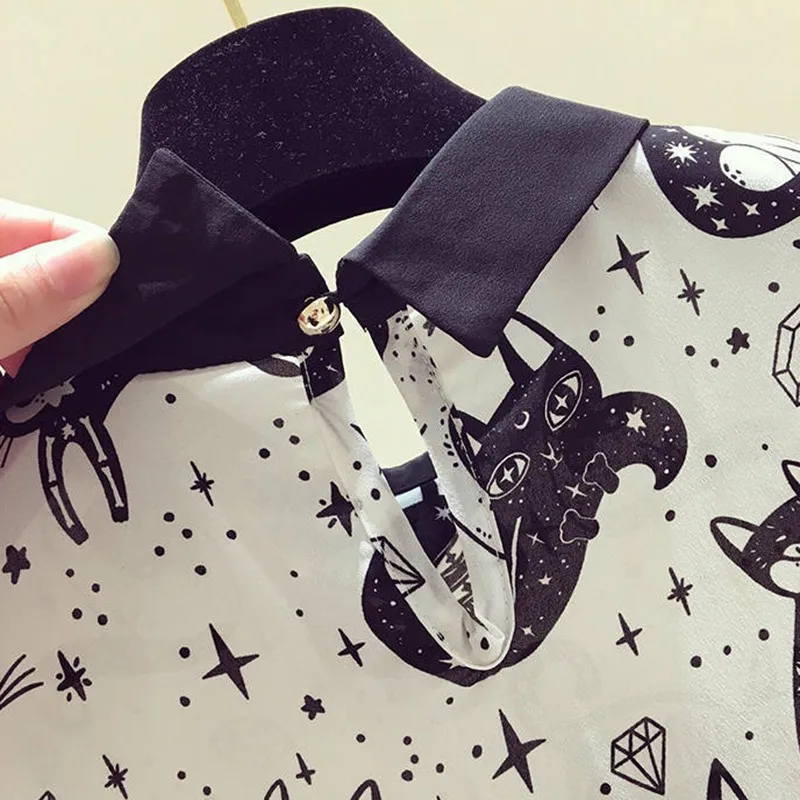 Для женщин Harajuku футболка с длинным рукавом лето элегантное платье с круглым воротником и рисунком кошки короткий рукав Футболка Повседневное футболка Kawaii верхняя одежда