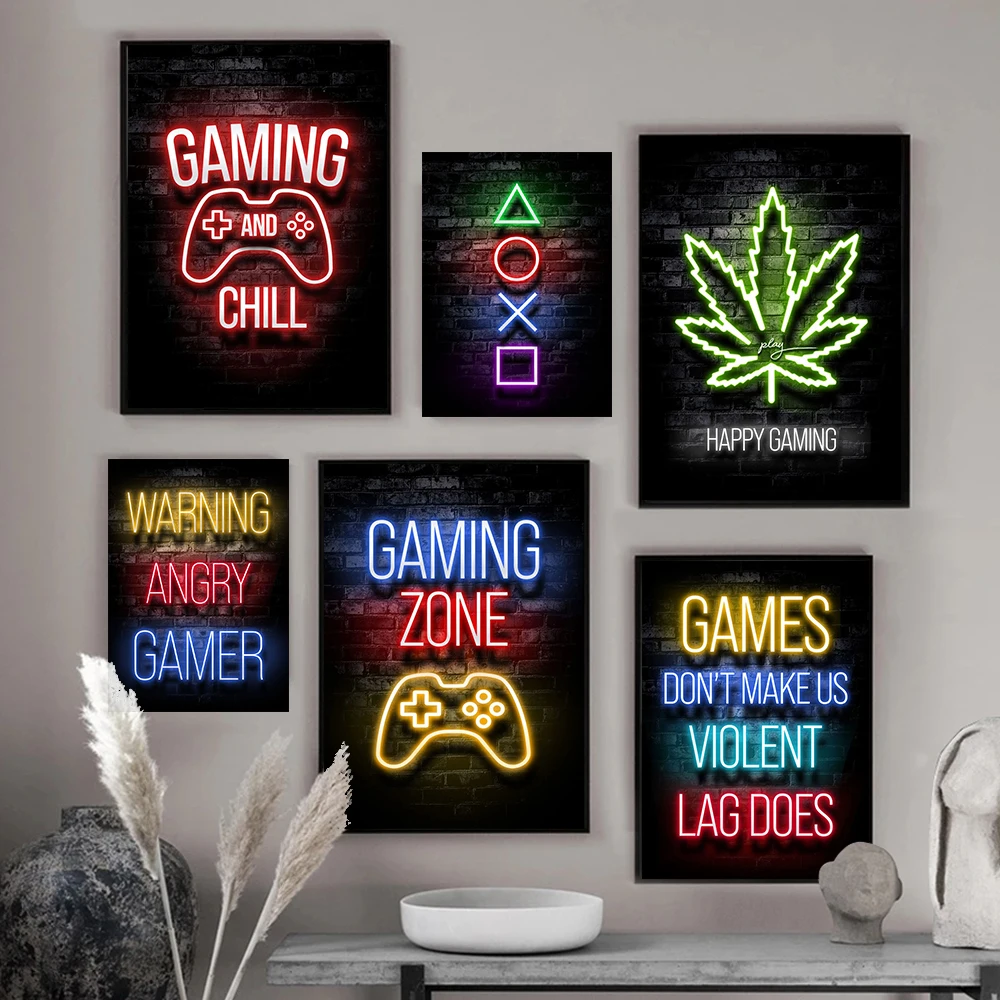 

Game Neon Posters Wall Art Canvas Painting Gaming Gamer Quotes Poster Prints for Kids Teen Room Decoration Picture Playroom