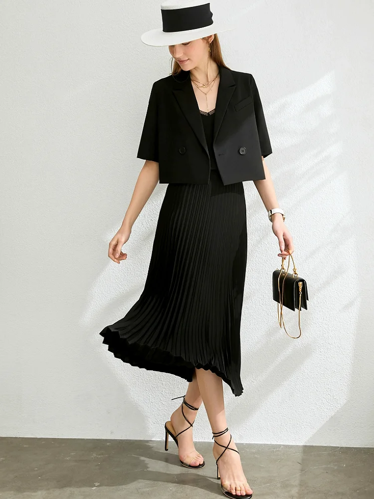

Spring Summer Office Wear White Black Long Skirt Vintage England Preppy Style Elastic Waist Basic Accordion Pleated Skirts