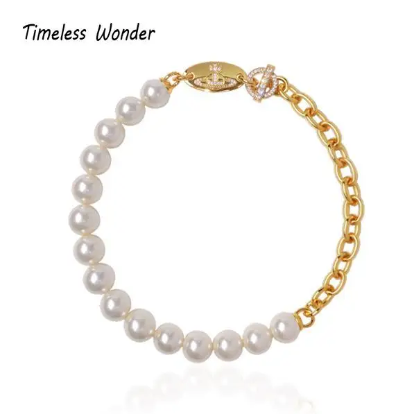 

Timeless Wonder Fancy Zirconia Saturn Crystal Pearl Choker Necklace for Women Designer Jewelry Gothic Punk Gift Runway Rare 3326