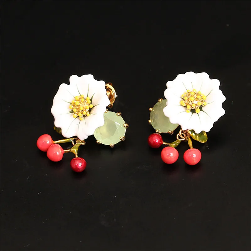 

New Fashion Enamel Flower Earrings For Women Design Zirconia Daisy Cherry Stud Earring Statement Fruit Flower Dangler