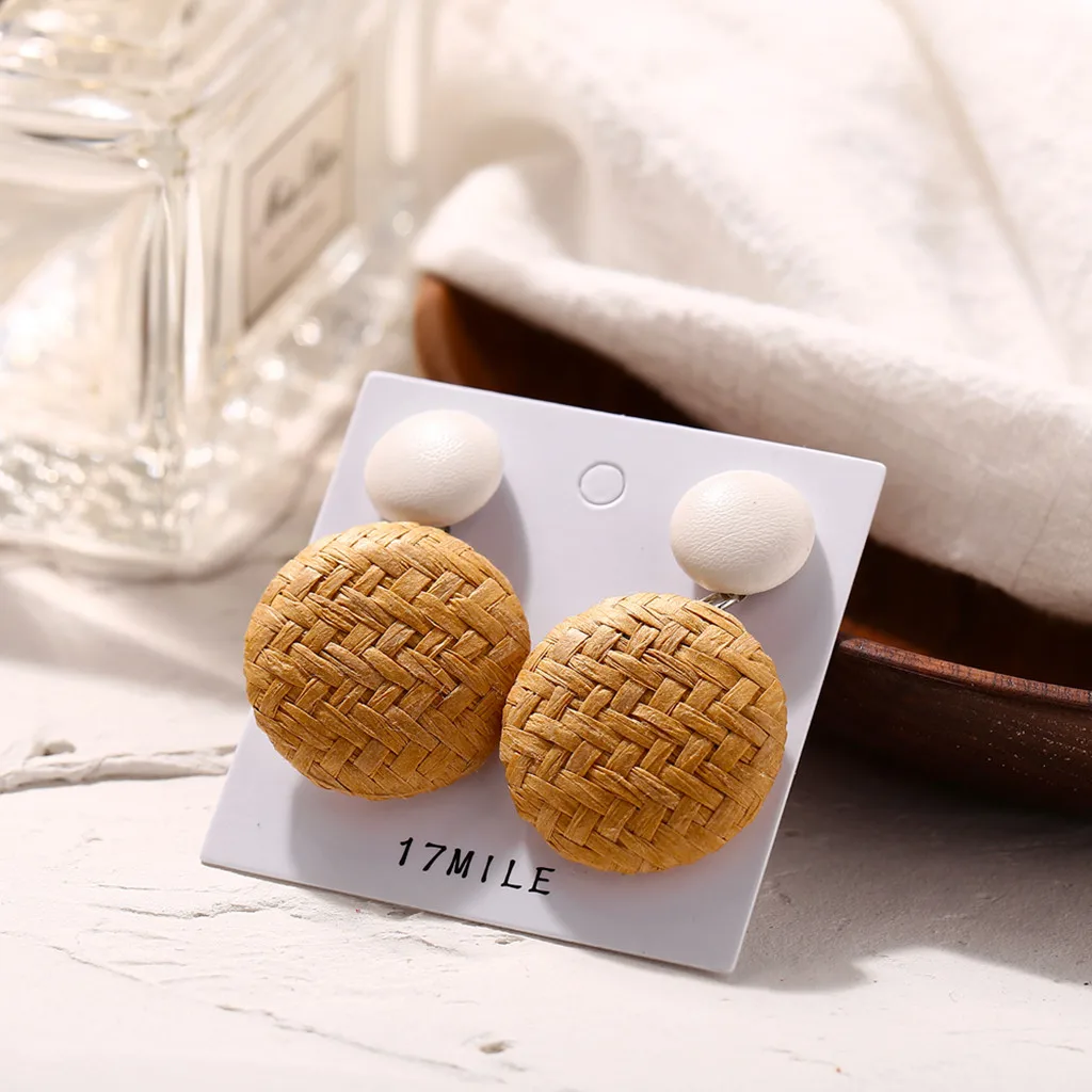 Ручной работы деревянные круглые серьги в богемном стиле Дерево Бамбук ротанг