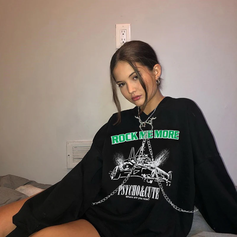 Уличная черная толстовка с капюшоном женская одежда в стиле хип-хоп Grunge Автомобильная Толстовка с длинным рукавом с цепочкой женские спортивные рубашки