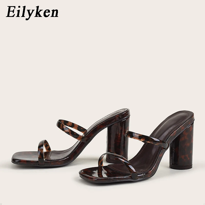 

Eilyken Summer PVC Clear Square Toe Square heel Ladies Slippers Women Leopard Grain Jelly Sandals Shoes size 35-41