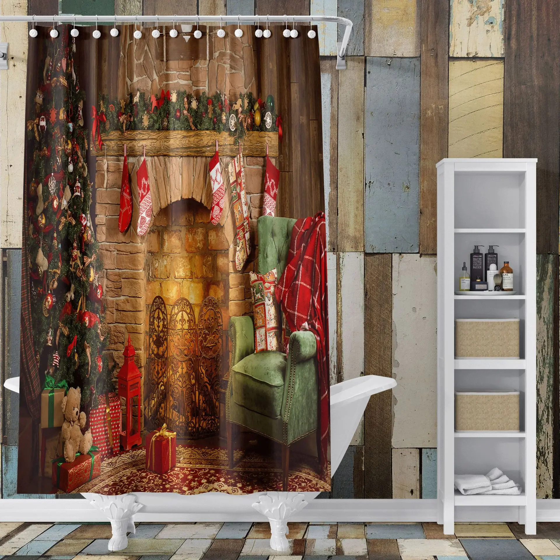 

High Quality Christmas Fireplace Socks Shower Curtain Bath Curtain Waterproof Mildew Proof Curtain In The Bathroom Home Decor