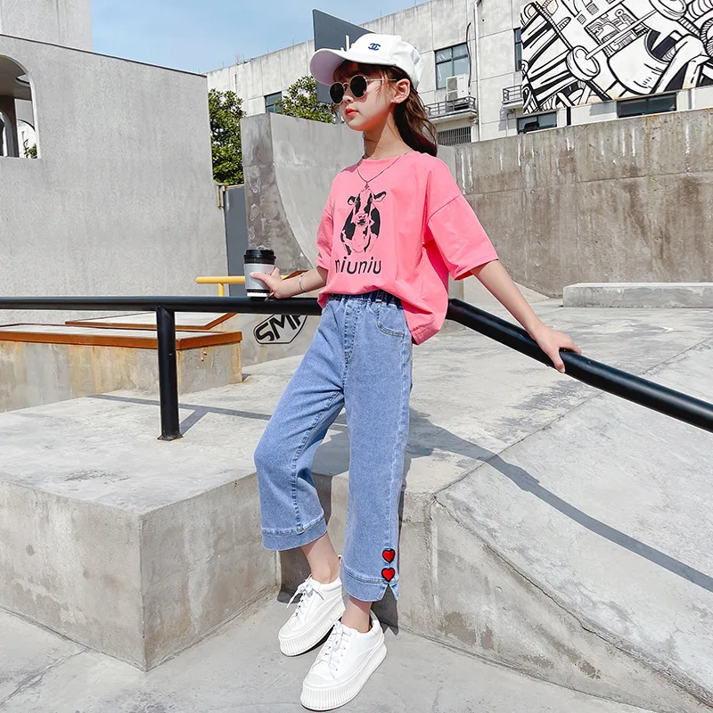 

Children Jeans Suit Summer Loose Casual Kids Clothes Girls Outfits Short Sleeve Cartoon Print T-Shirt And Denim Ninth Pants Sets