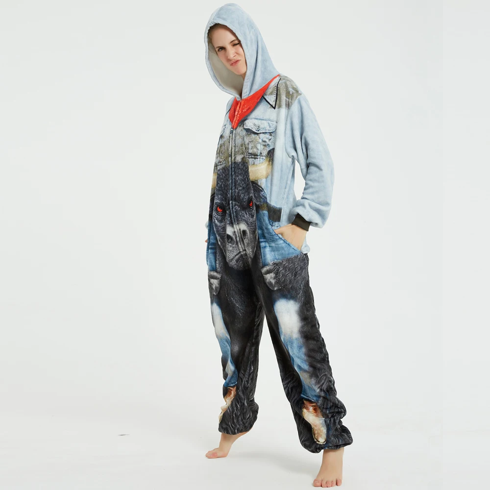 Popular Animal Cattle Pajamas Unisex Adult One-Piece Cosplay Sleepwear Women Winter Flannel Onesies Christmas Halloween Costume