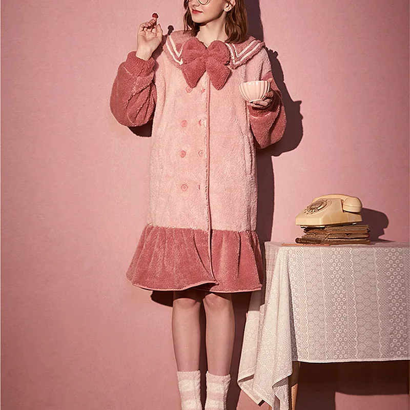 Nightdress Женская одежда для сна в стиле Лолиты; милый фланелевый Халат с рисунком; ночная рубашка с темно-синим воротником; халат для девочек; повседневная одежда для сна; домашняя одежда - Цвет: Nightdress
