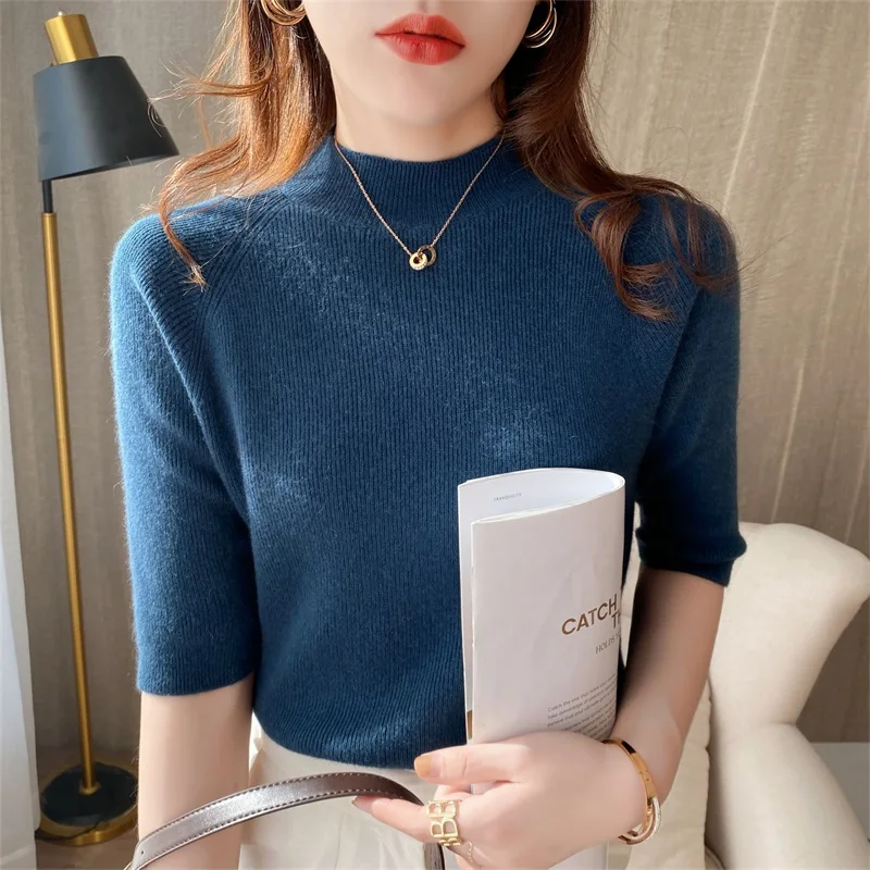 

Women's Cashmere Turtleneck Short Sleeve Knitted Pullover Tee Base Wool Cashmere Sweater Women Jumper