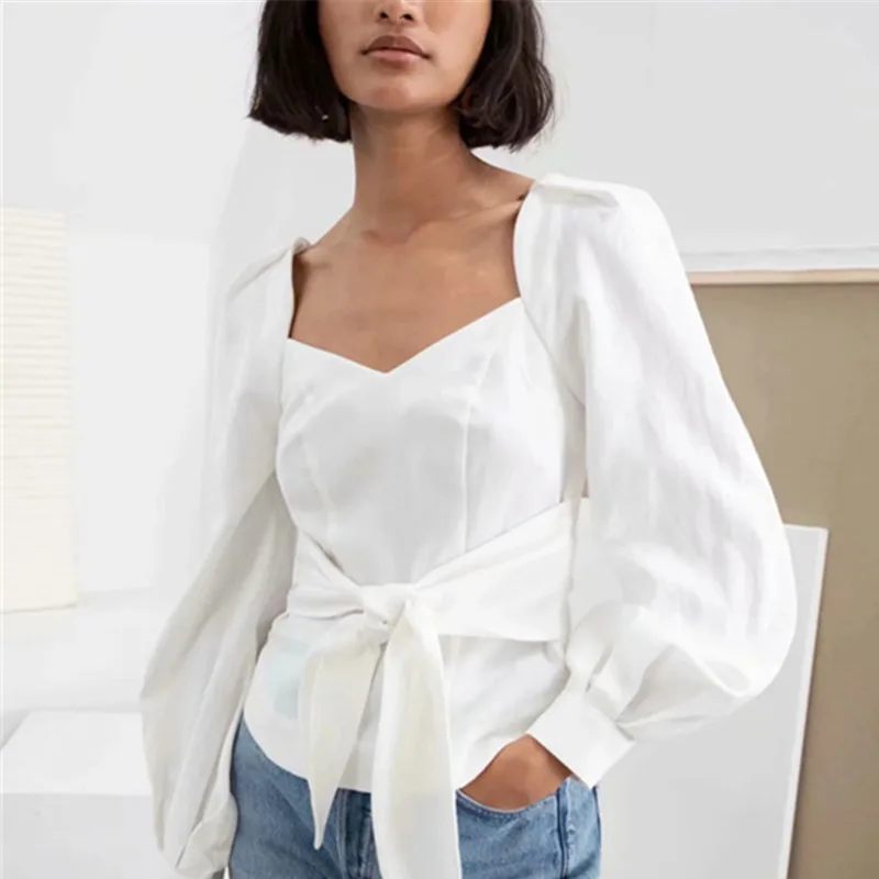SHENGPALAE 2020 Весенняя белая хлопковая Свободная блузка с длинным рукавом-фонариком и