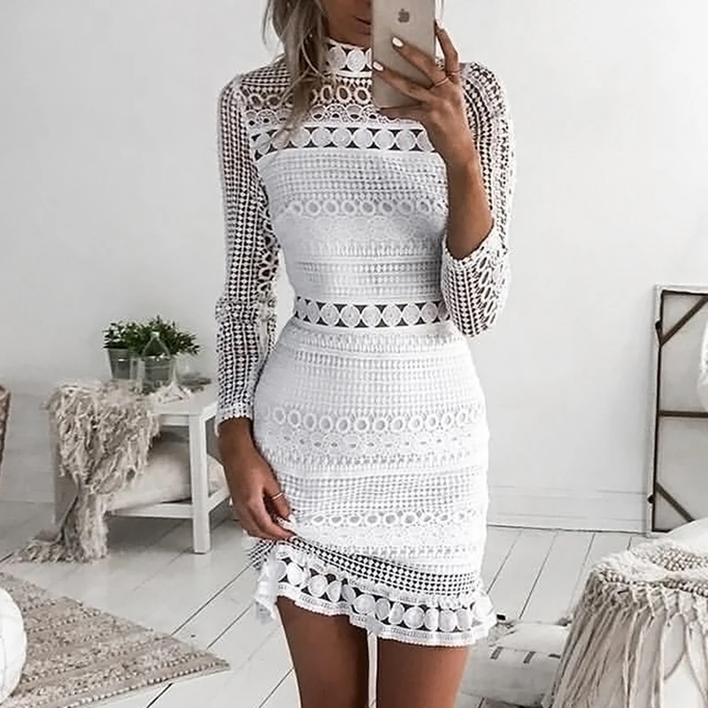 Элегантное кружевное вечернее платье с вырезами Осеннее женское белое мини