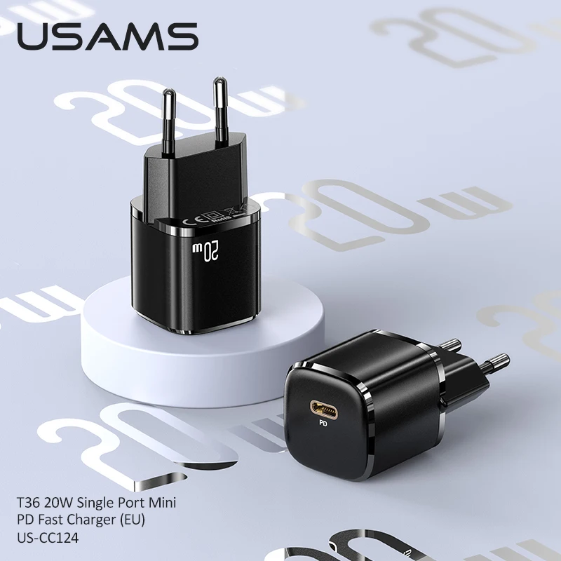 USAMS PD 20W Fast Charger +Type C To Lightning Cable Set For iPhone 12 12 Pro Max Mini QC4.0 QC3.0 Quick Charging  Wall Charger