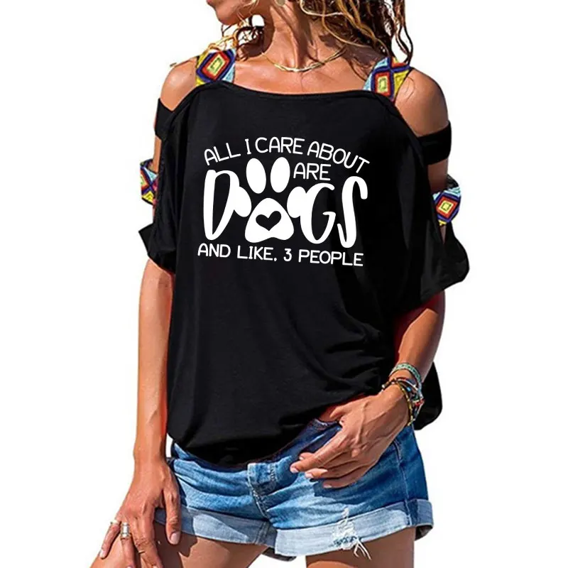 

Футболка с надписью «All I Care about Are Dogs», Сексуальная футболка с вырезами на плечах, Повседневная летняя футболка для живота