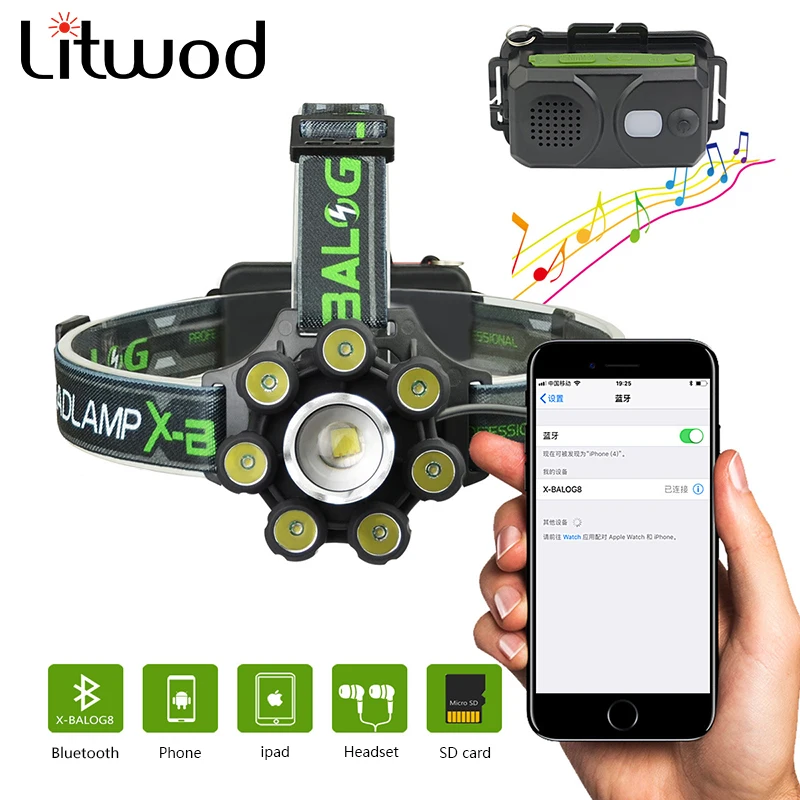 

Litwod Led Headlamp Powerful T6 Headlight Zoomable 100000LM Camping Cycing Head Lamp 18650 Battery Bluetooth Speaker Torch