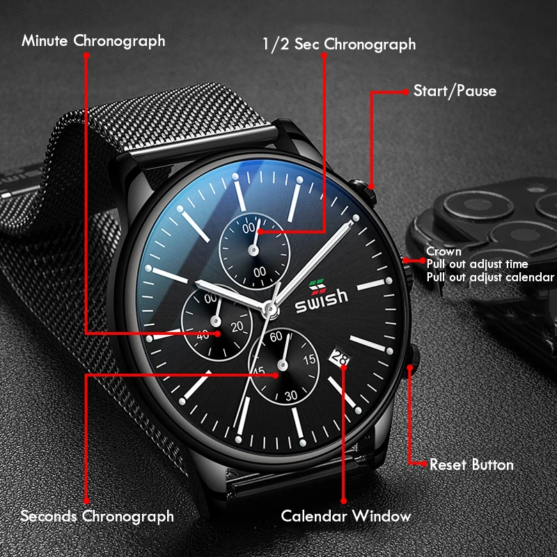 Креативные ультратонкие кварцевые наручные часы с хронографом мужские черные из