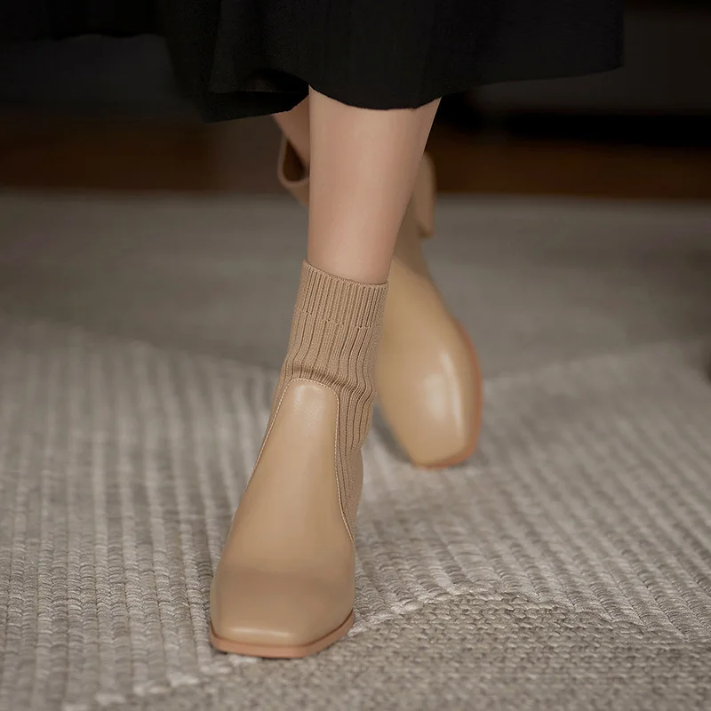 

2021 Autumn Winter Women Boots Knit Elastic Socks Boots Square Toe Chunky Heel Boots Fashion Ankle Chelsea Boots for Women